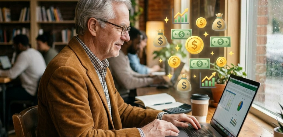 Woman analyzing financial data on laptop with charts and money icons