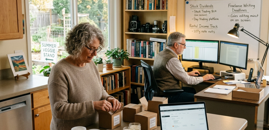 Couple working on packaging candles and financial tasks in home office kitchen